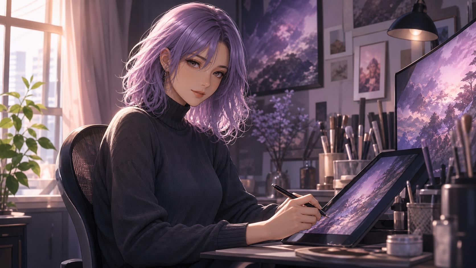 窓辺の制作スタジオでペンタブレットを使う紫髪の大人の女性